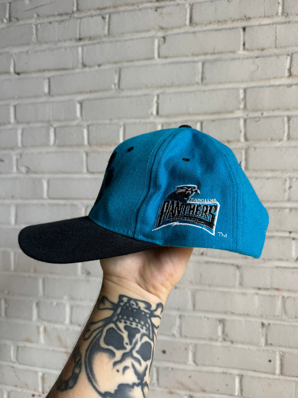 90’s Carolina Panthers Vintage Blue Black Wool Starter Paw Print Sir Purr NFL Snapback Hat (OSFA)