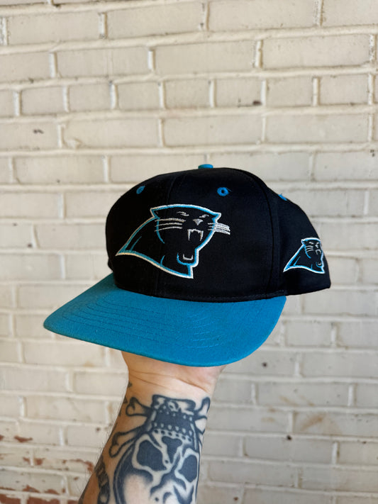 90’s Carolina Panthers Vintage Black Blue Mutli Logo NFL Snapback Hat (Youth)