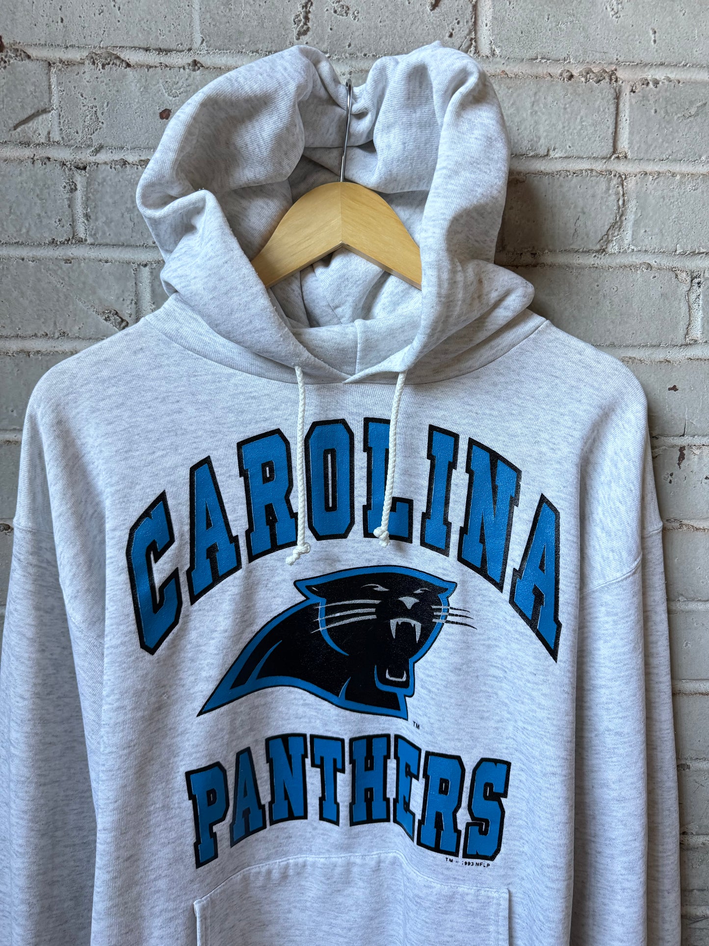 1993 Carolina Panthers Vintage Heather Grey Bike Big Spellout NFL Hoodie (Large)