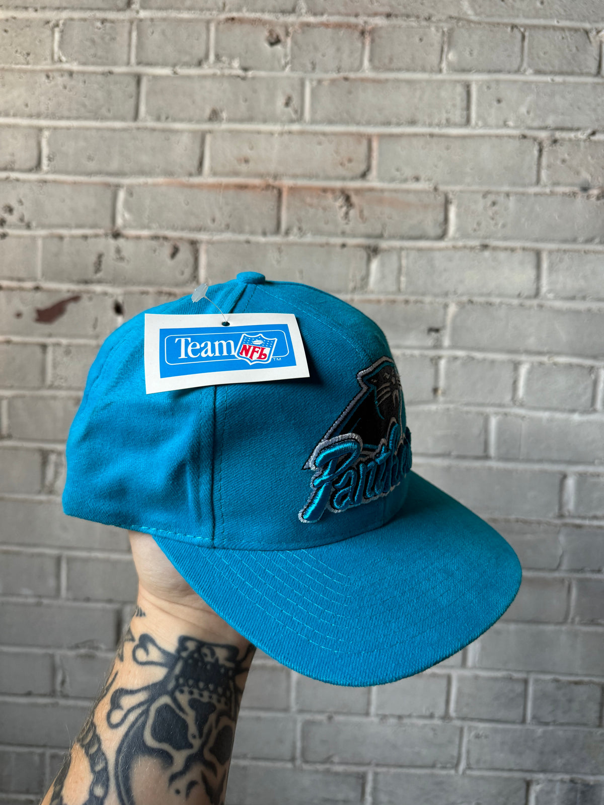 90’s Carolina Panthers Vintage Blue Team NFL Script Spellout Snapback Hat - Deadstock (OSFA)