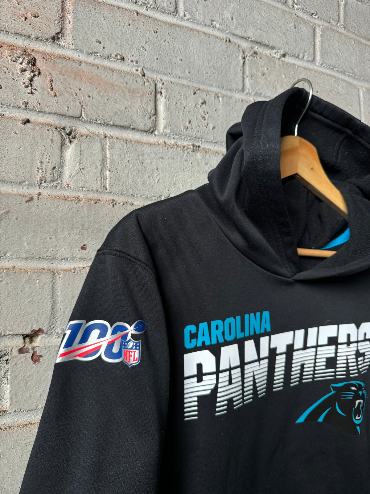 2019 Carolina Panthers Black Colorblocked Nike 100th NFL Anniversary Logo Hoodie (Youth XL)