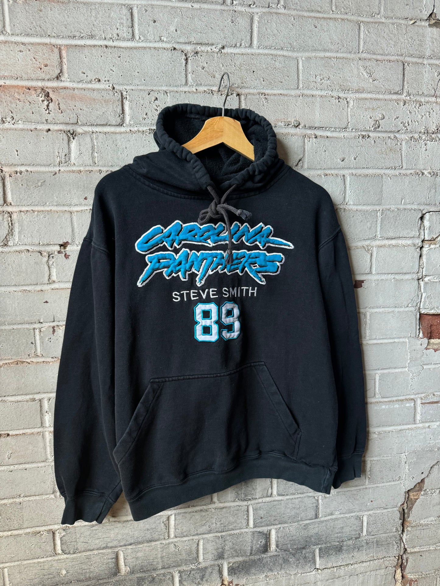 00’s Carolina Panthers Steve Smith Vintage Black Reebok Cat Scratch Font Fully Embroidered Hoodie (Medium)