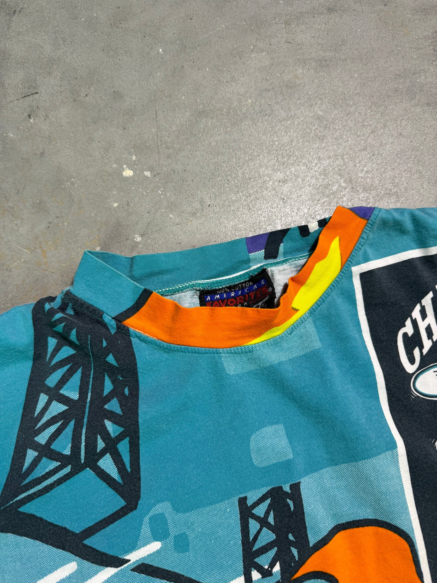 90’s Charlotte Hornets x Magic Johnston Tees Vintage Flaming Dunk All Over Print NBA Tee (XL)