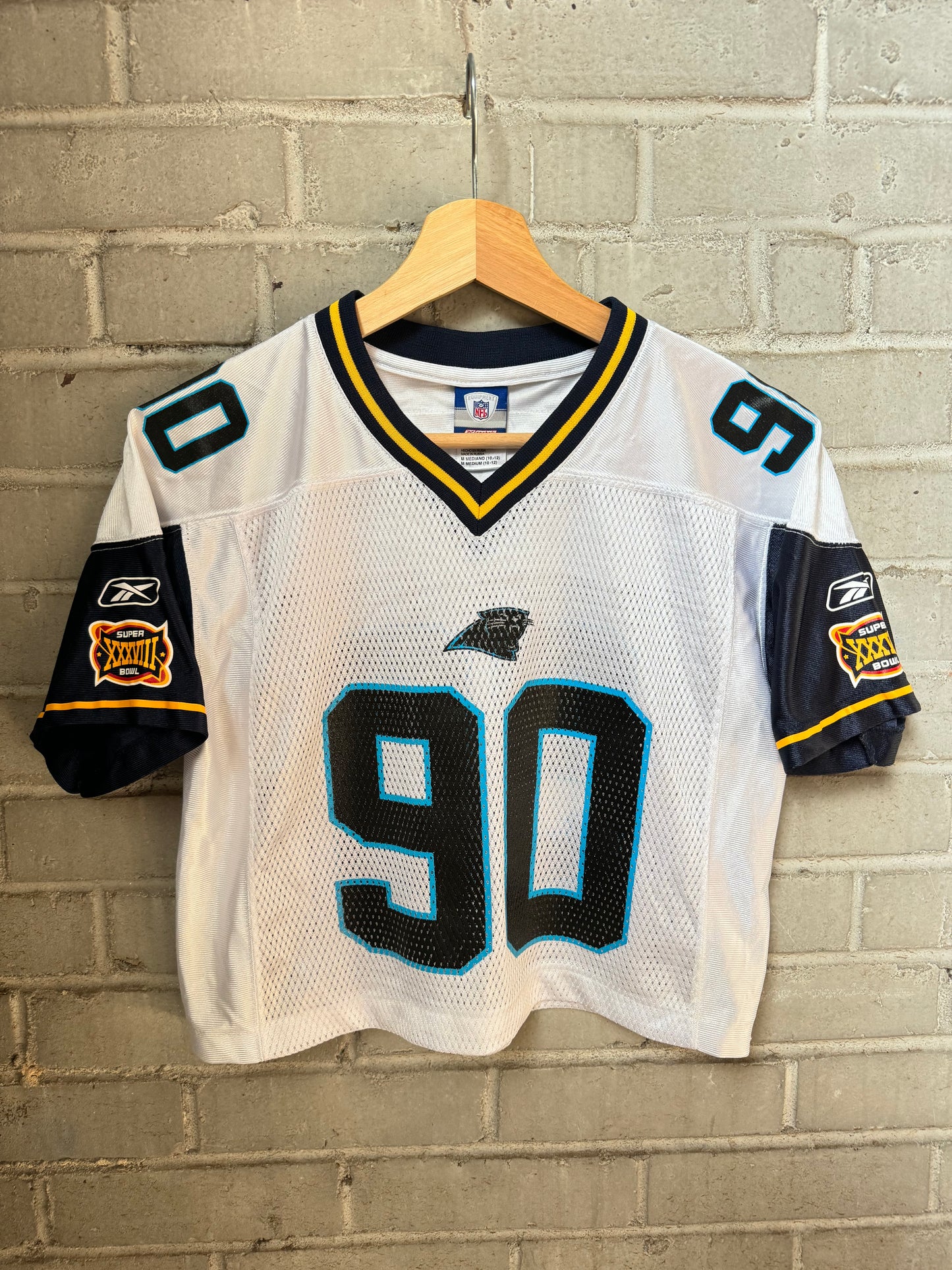 2004 Carolina Panthers Julius Peppers Vintage Reebok Super Bowl XXXVIII Cropped NFL Jersey (Youth Medium)