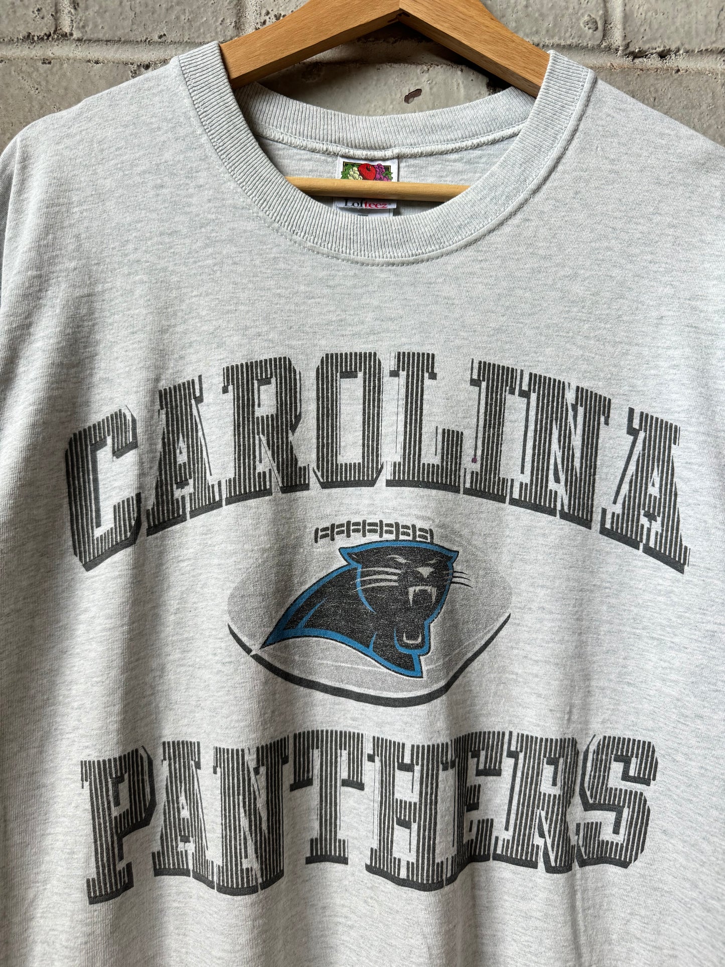 90’s Carolina Panthers Vintage Heather Grey Arch Spellout NFL Tee (Large)
