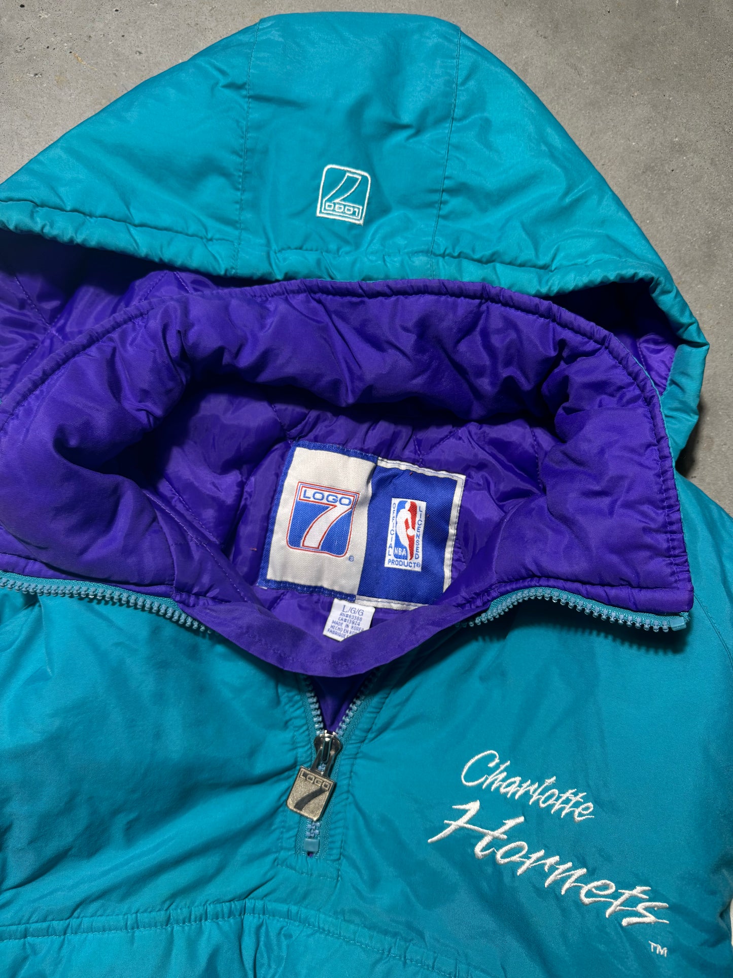 90’s Charlotte Hornets Vintage Teal Colorblocked Half Zip Logo 7 NBA Pullover Puffer Jacket (Large)
