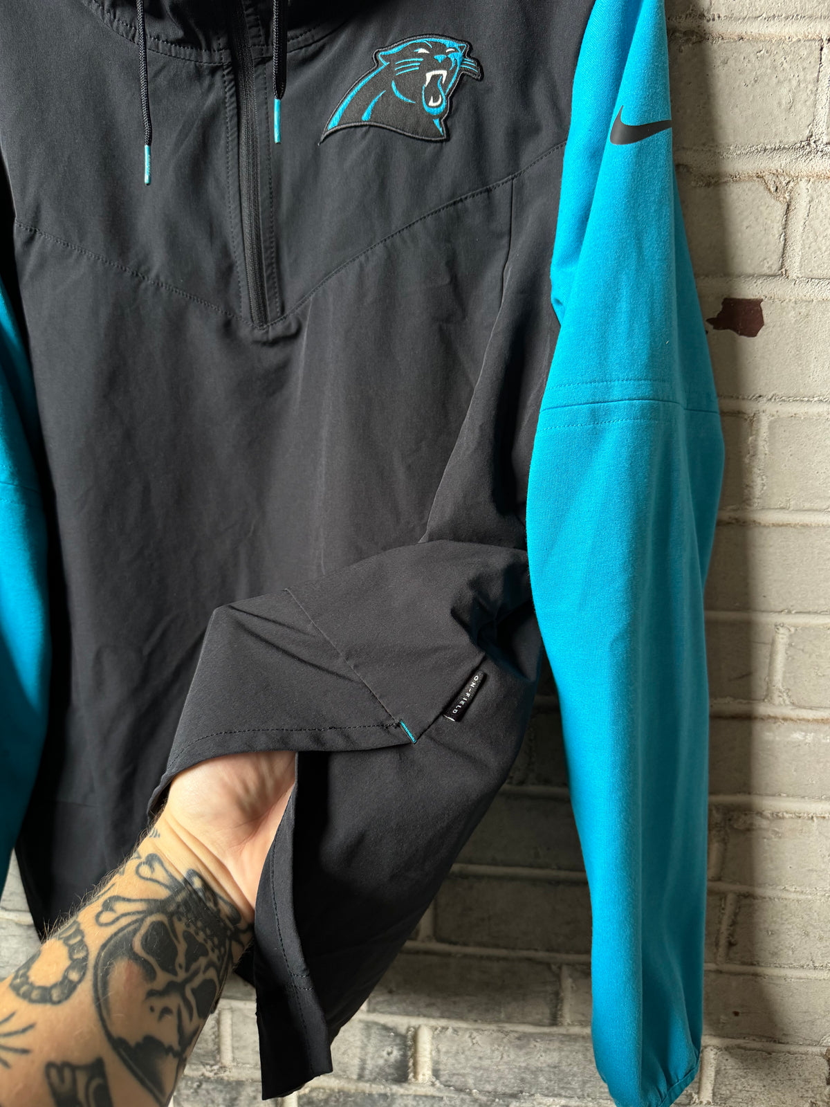2022 Carolina Panthers Black Blue Nike Quarter Zip Sideline NFL Pullover Jacket (Small)