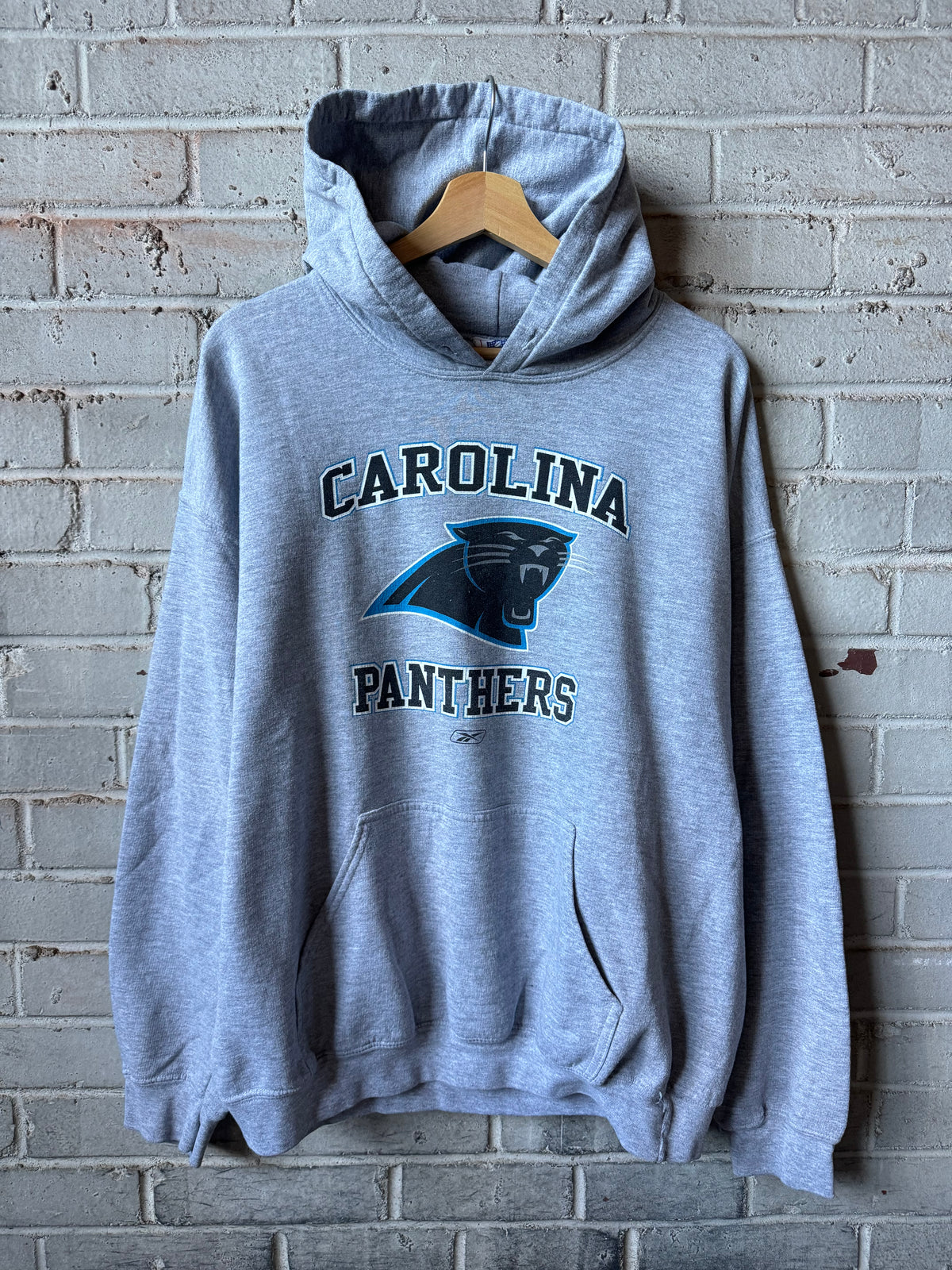 00’s Carolina Panthers Vintage Grey Reebok Arch Spellout NFL Logo Hoodie (Large)