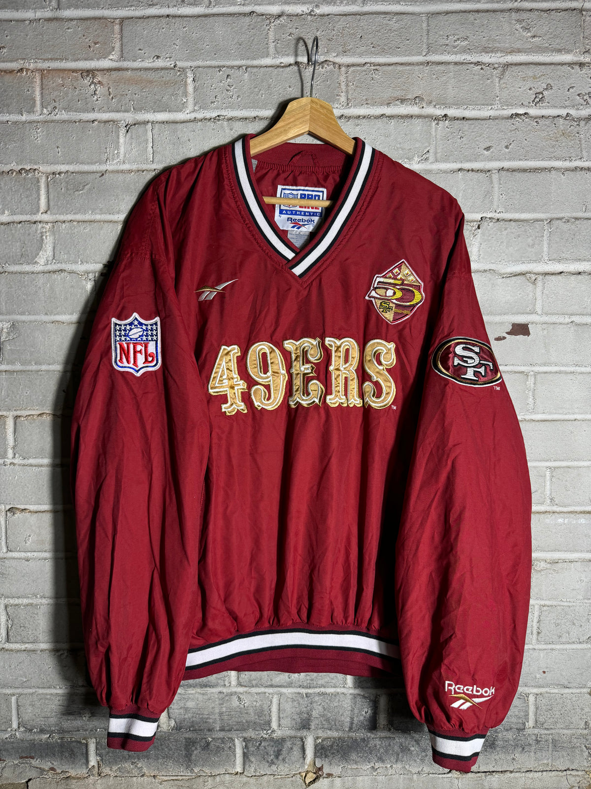 1996 San Francisco 49ers 50th Season Anniversary Patch Vintage Red Reebok NFL Pro Line Sideline Pullover Jacket (Large)