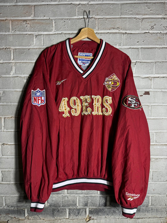 1996 San Francisco 49ers 50th Season Anniversary Patch Vintage Red Reebok NFL Pro Line Sideline Pullover Jacket (Large)