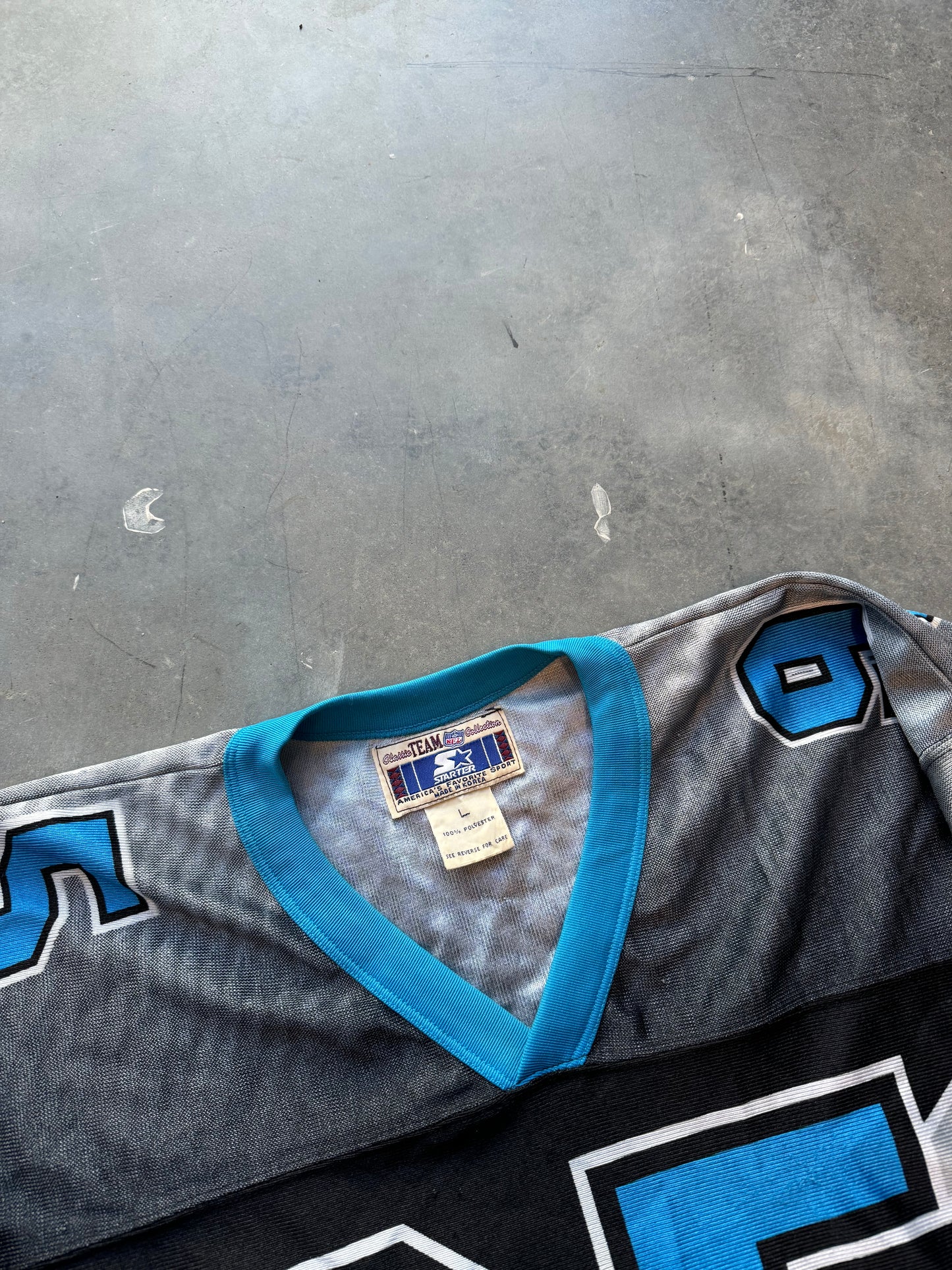 90’s Carolina Panthers Vintage Starter Big Cat Face Logo All Over Print NFL Jersey (Large)