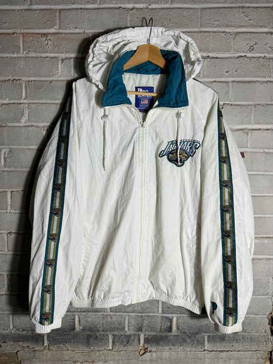 90’s Jacksonville Jaguars Vintage White Repeat Logo Pro Player Full Zip NFL Windbreaker Jacket (Medium)