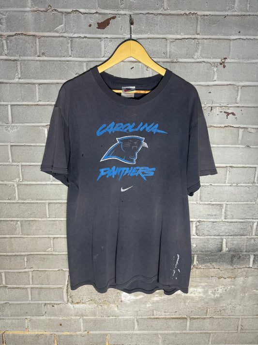 90’s Carolina Panthers Vintage Faded Black Nike Cat Scratch Font Logo NFL Tee (Large)