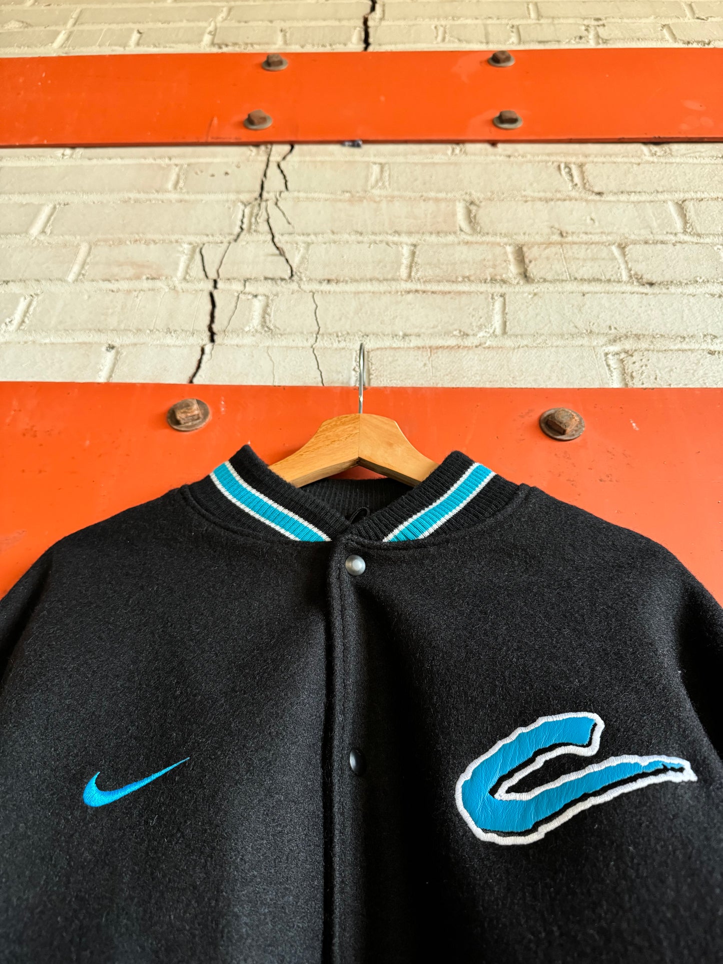1999 Carolina Panthers Vintage Nike Cat Scratch Font Heavyweight Genuine Leather Sideline Varsity Jacket (XL)