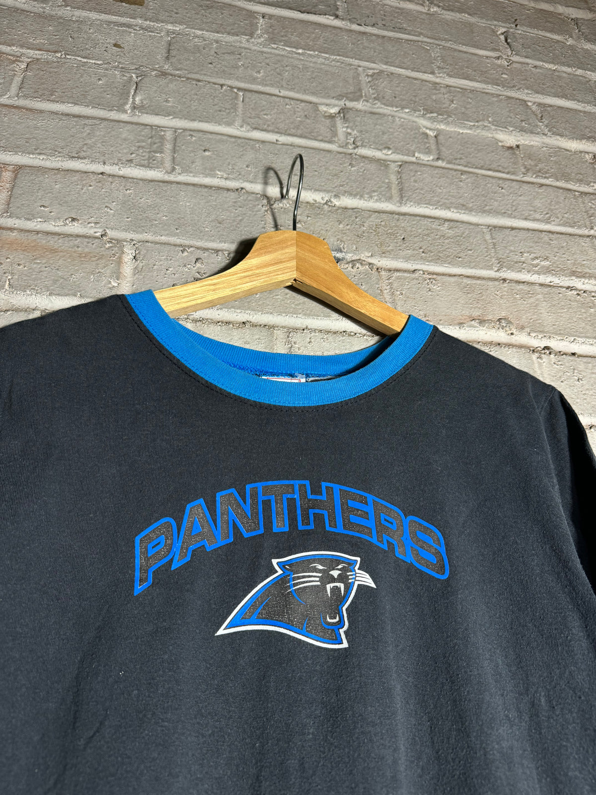 00’s Carolina Panthers Vintage Black Spellout NFL Ringer Tee (Small)