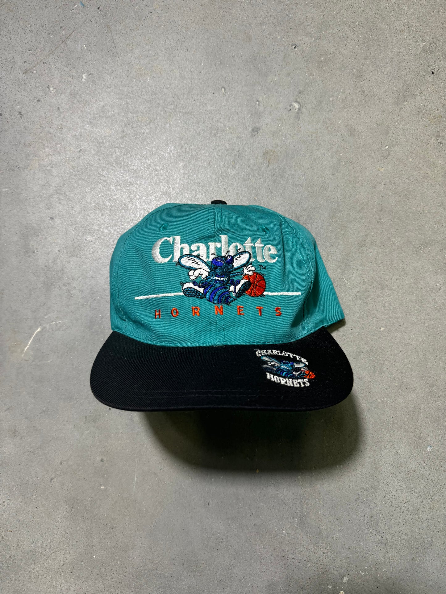 90’s Charlotte Hornets Vintage Teal Black Multi Logo NBA Snapback Hat (OSFA)