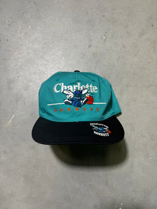 90’s Charlotte Hornets Vintage Teal Black Multi Logo NBA Snapback Hat (OSFA)