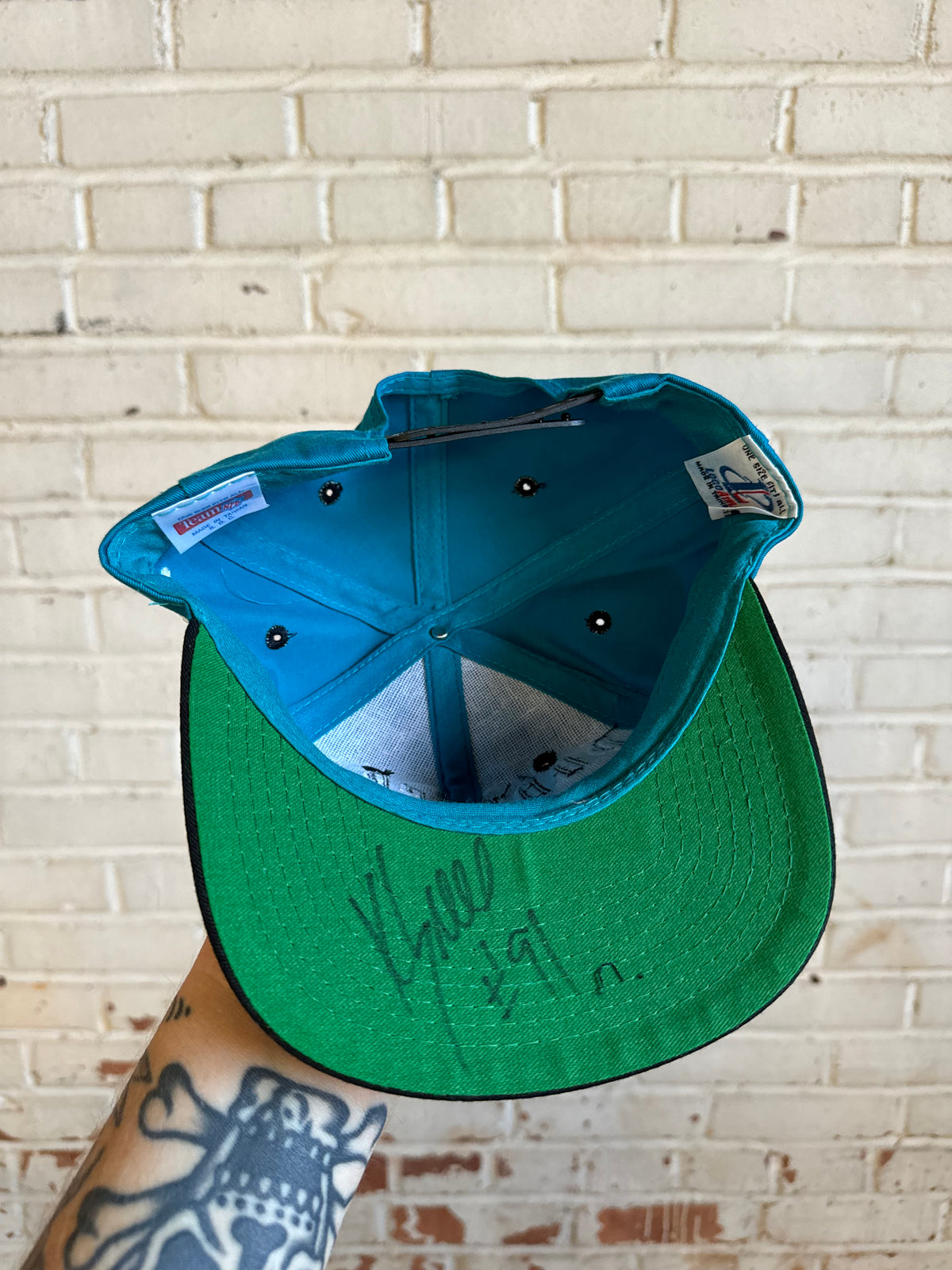 90’s Carolina Panthers Vintage Blue Black Logo Athletic Snapback Hat - Autographed by Kevin Greene (OSFA)