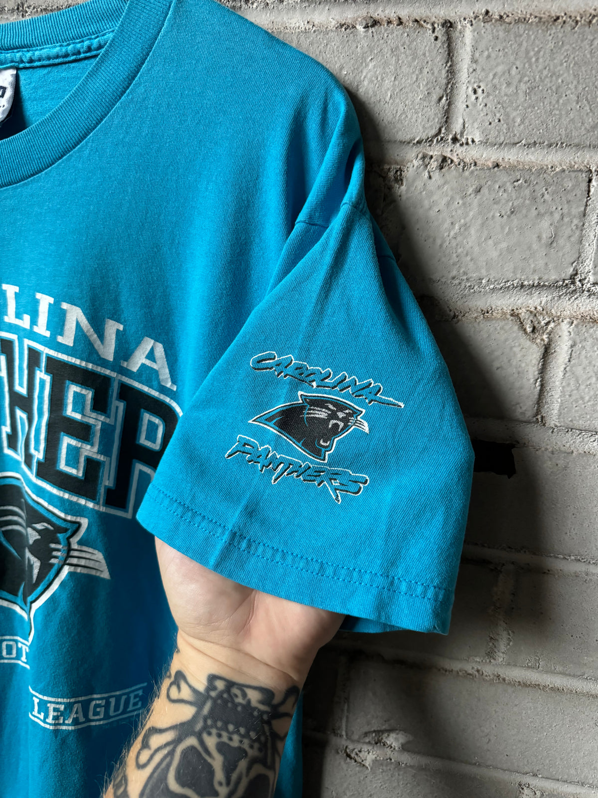 1998 Carolina Panthers Vintage Blue Lee Sport Cat Scratch Font NFL Tee (Large)