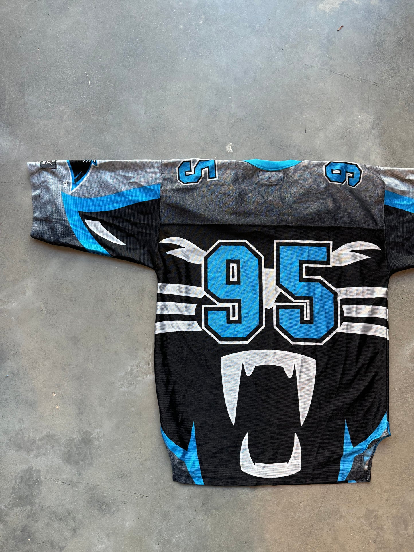 90’s Carolina Panthers Vintage Starter Big Cat Face Logo All Over Print NFL Jersey (Large)