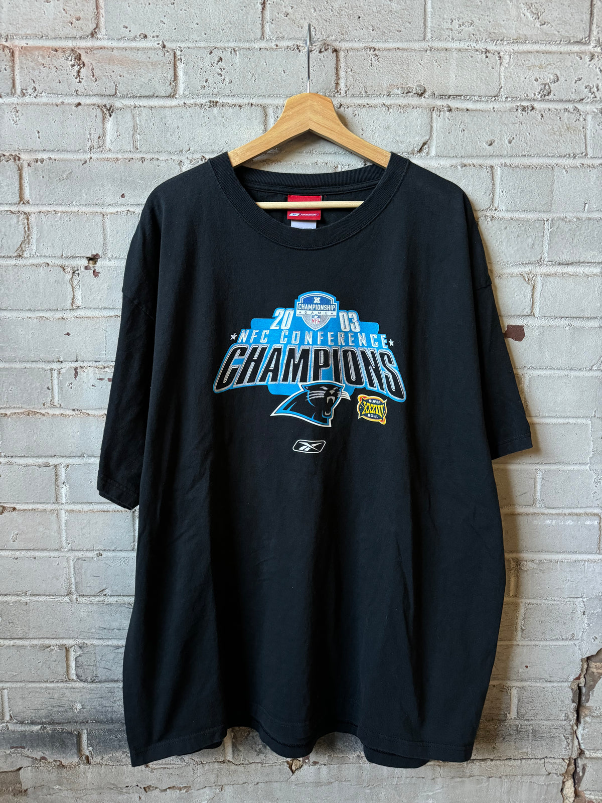 2003 Carolina Panthers Vintage Black Reebok NFC Champions Super Bowl XXXVIII NFL Tee (XL)