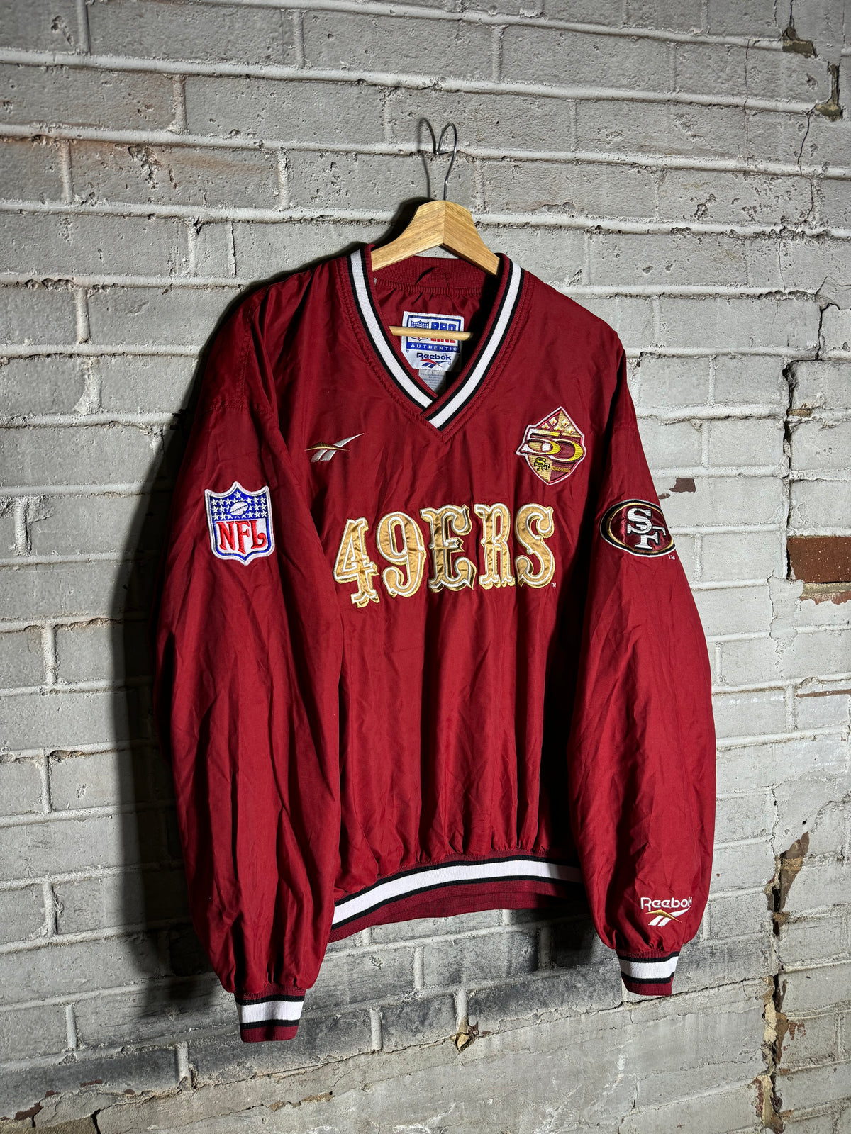 1996 San Francisco 49ers 50th Season Anniversary Patch Vintage Red Reebok NFL Pro Line Sideline Pullover Jacket (Large)