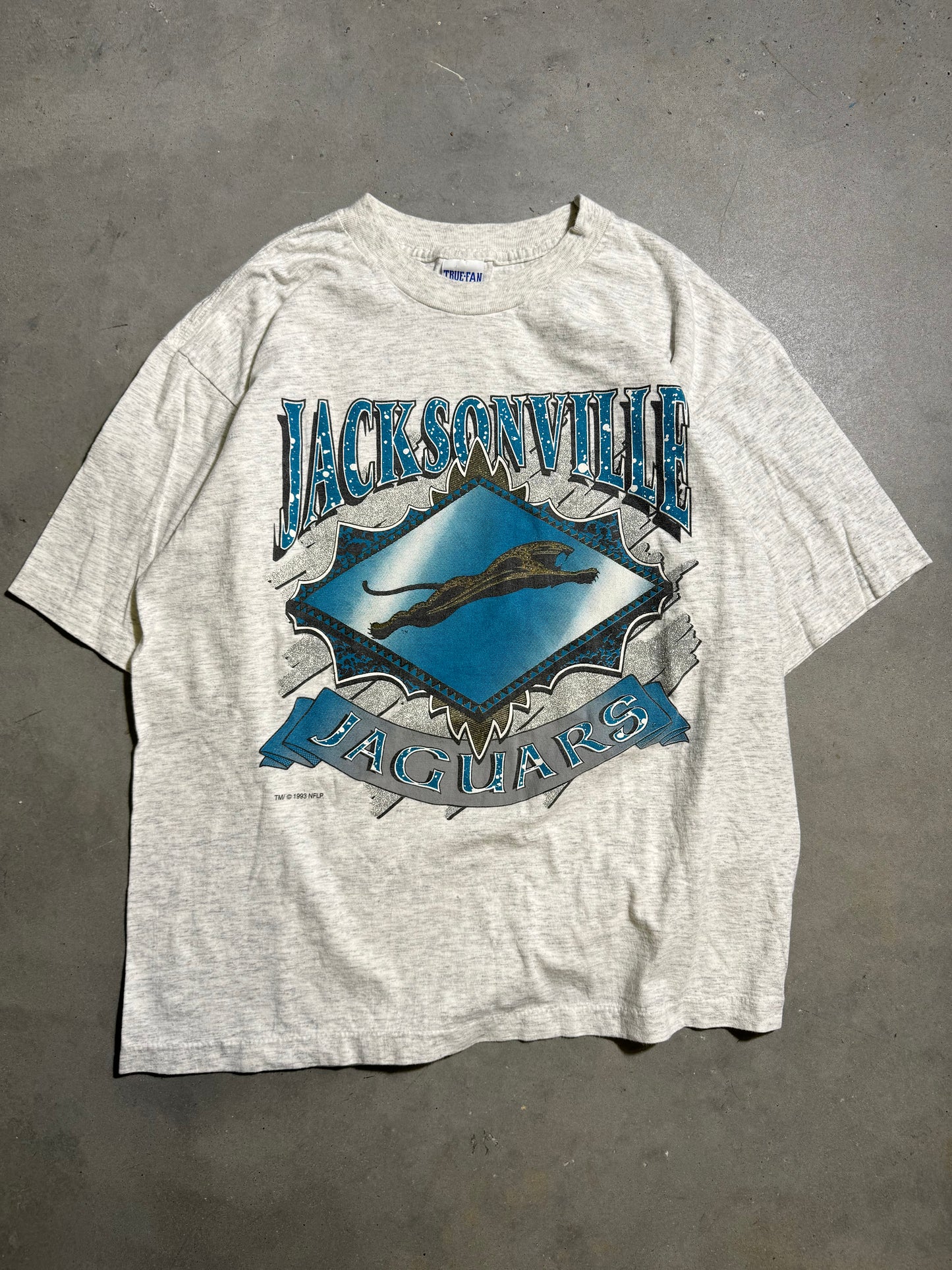 1993 Jacksonville Jaguars Vintage Heather Grey Banned Logo NFL Spellout Big Logo Tee (Large)