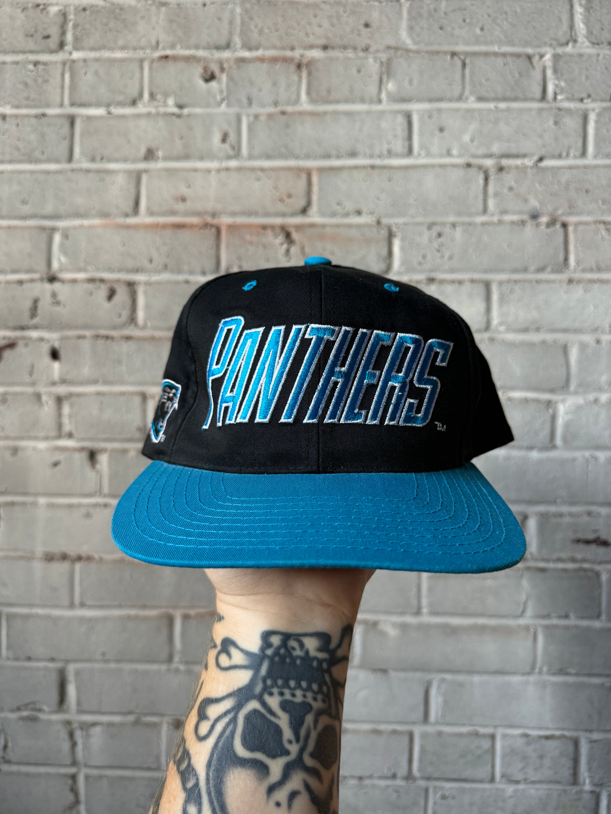 90’s Carolina Panthers Vintage Black Blue Multi Logo NFL Snapback Hat (OSFA)
