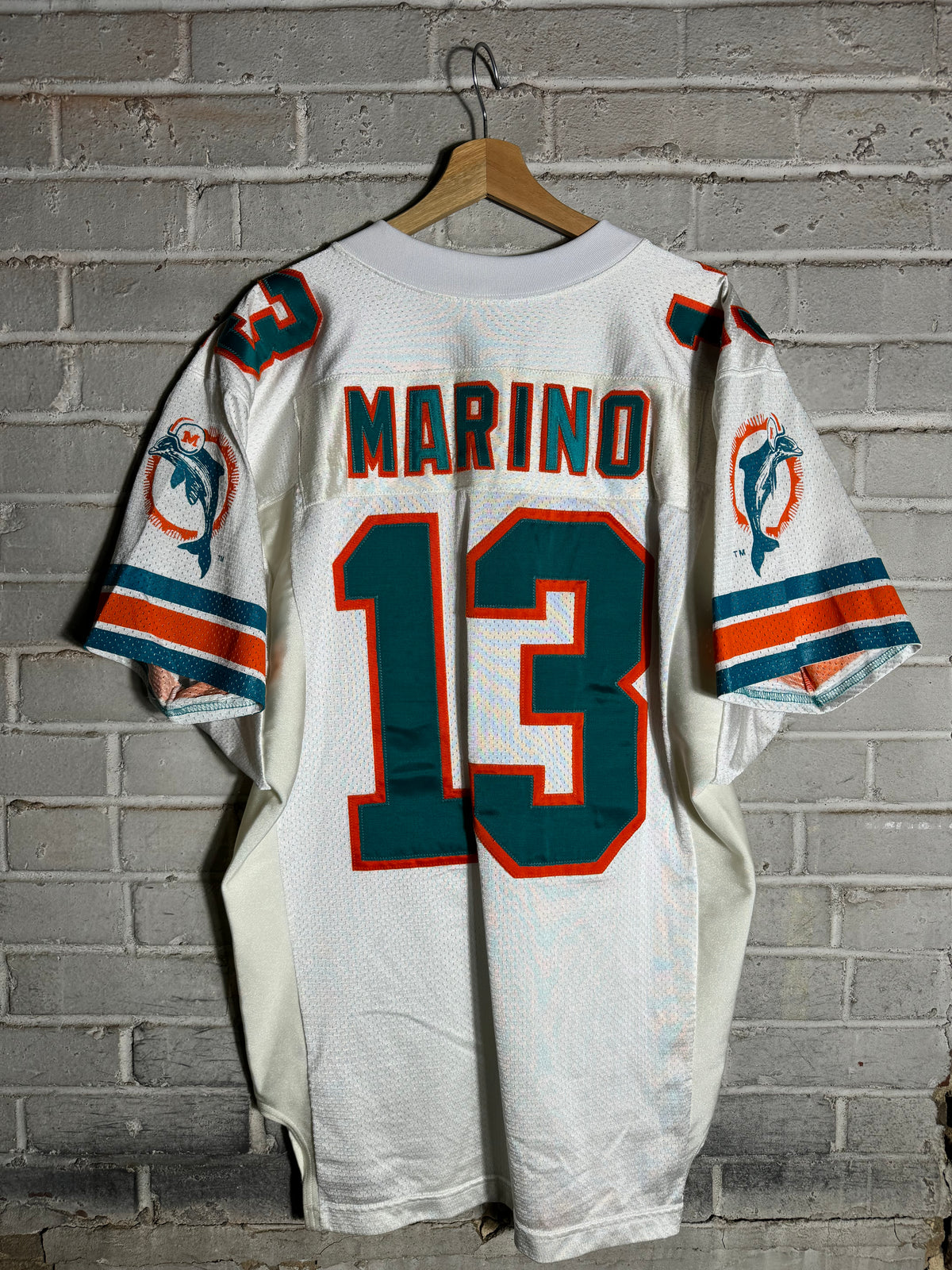 90’s Miami Dolphins Dan Marino Vintage White Wilson Fully Embroidered On Field Authentic NFL Jersey (44/Large)