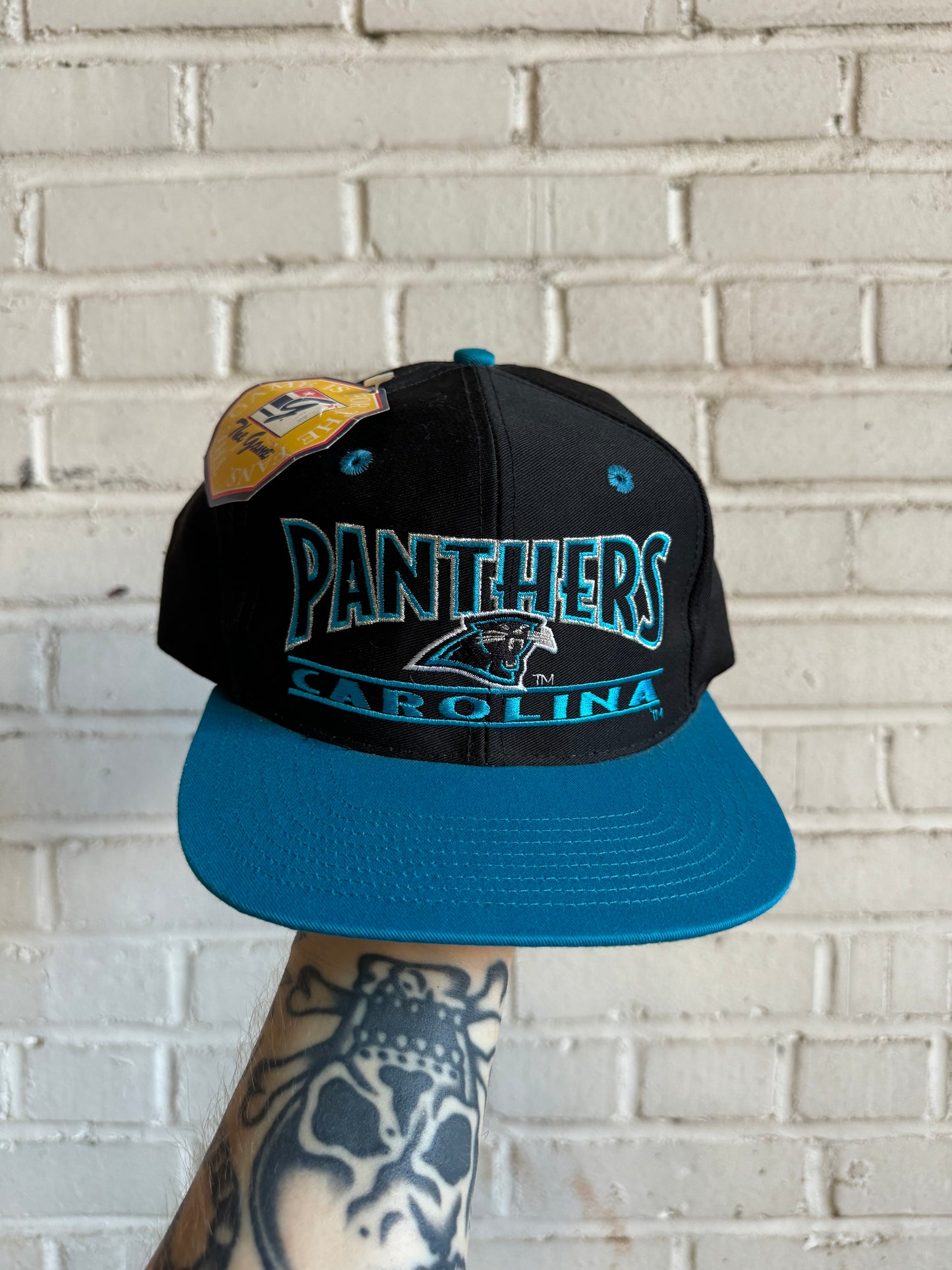 90’s Carolina Panthers Vintage Black The Game Spellout NFL Snapback Hat - Deadstock (OSFA)