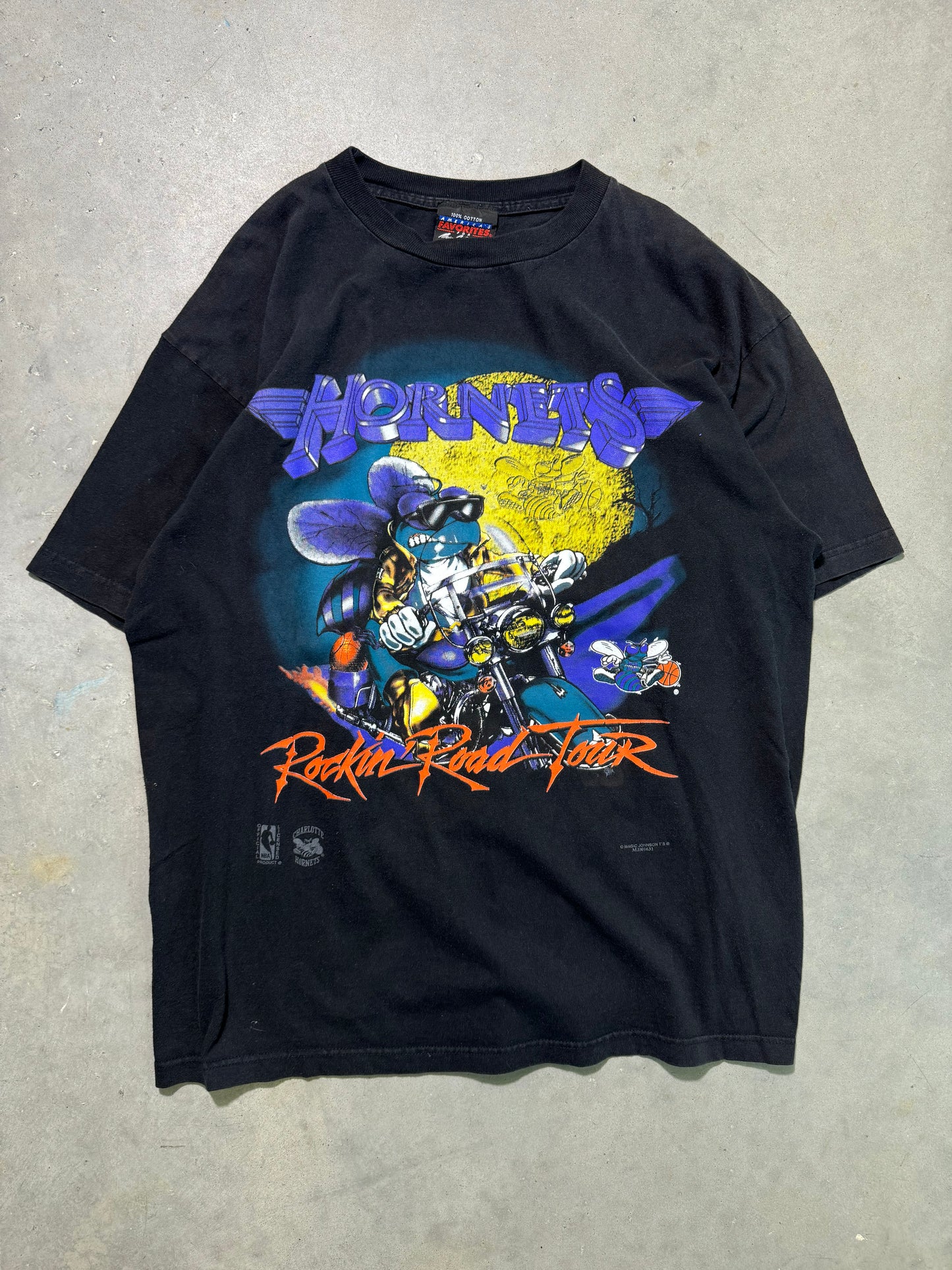 90’s Charlotte Hornets Vintage Black “Rockin’ Road Tour” Prince Purple Reign Inspired NBA Tee (XL)