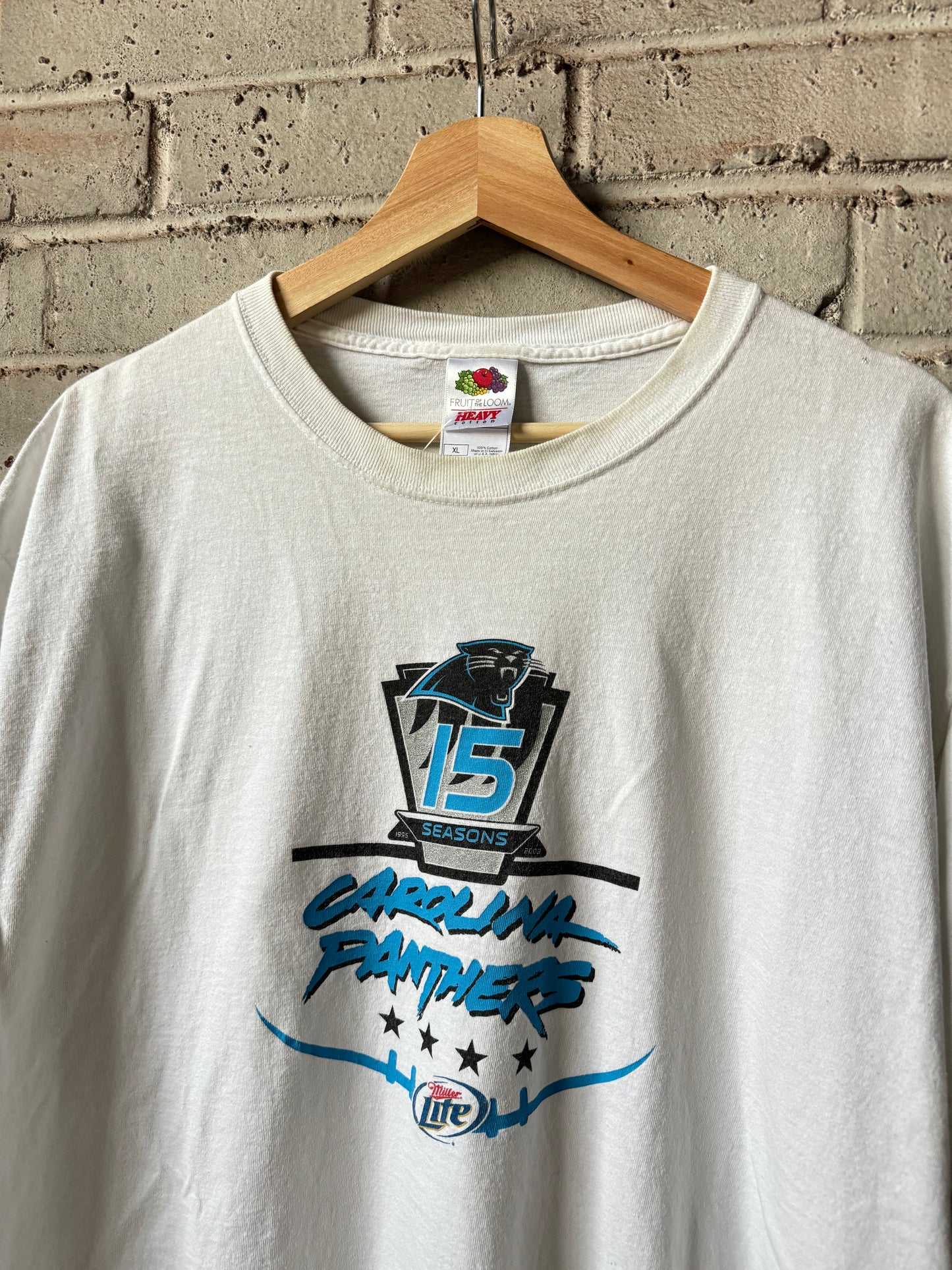 2009 Carolina Panthers Vintage White Miller Lite 15th Season Anniversary Patch Logo NFL Tee (XL)
