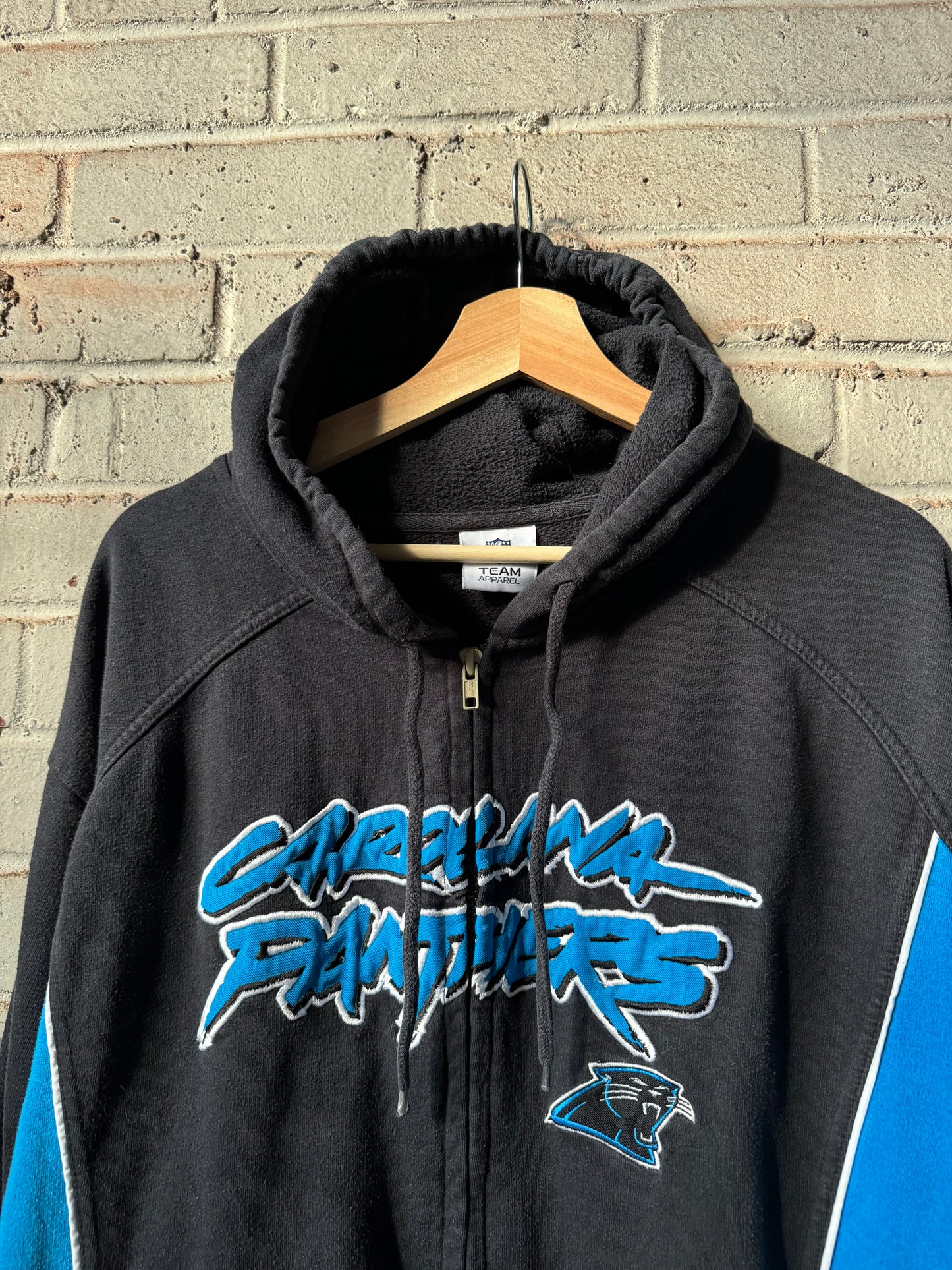 00’s Carolina Panthers Vintage Black Cat Scratch Font Embroidered Heavyweight NFL Zip Up Hoodie (XL)