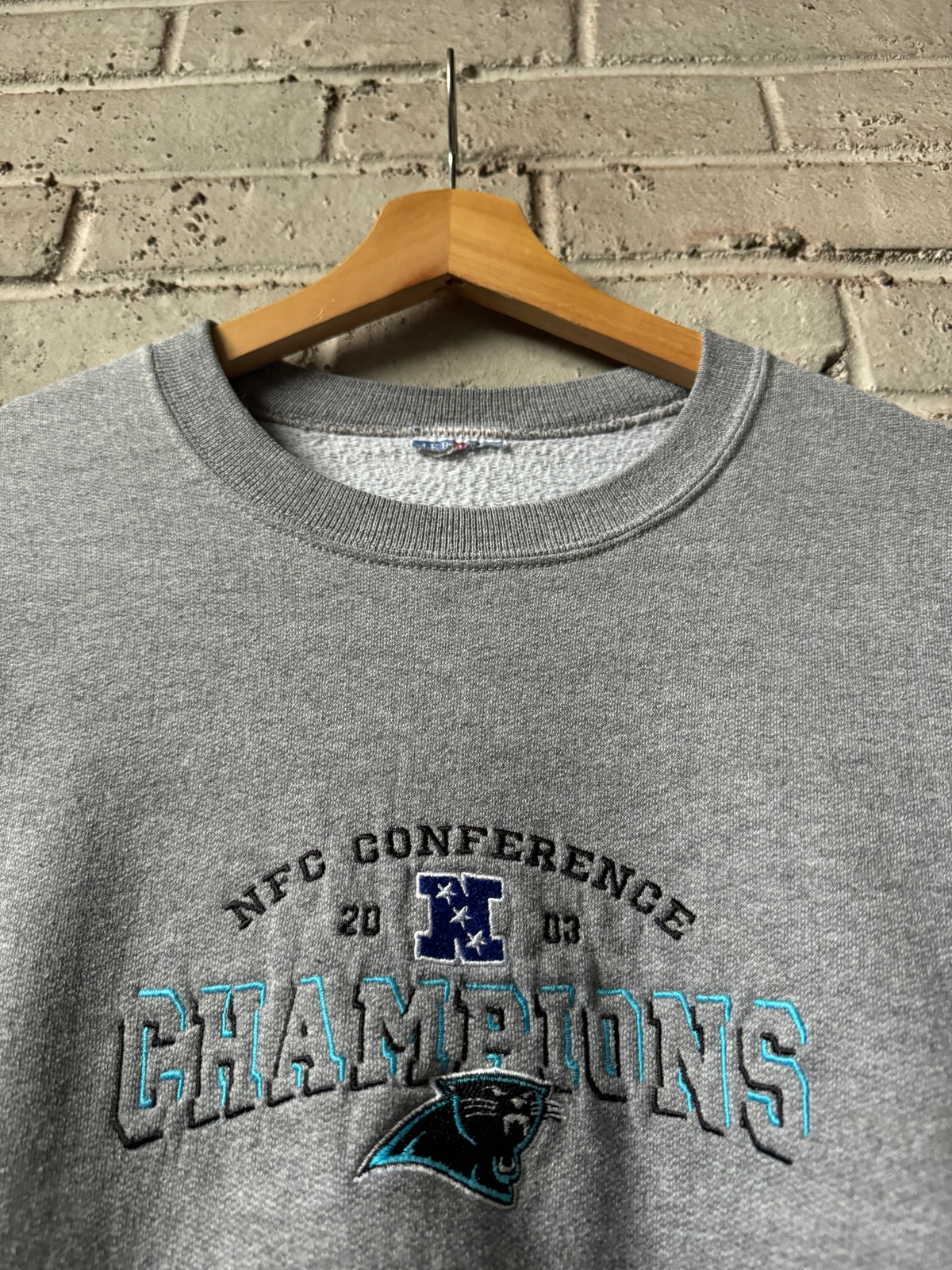 2003 Carolina Panthers Vintage Grey NFC Champions Embroidered NFL Crewneck (Medium)