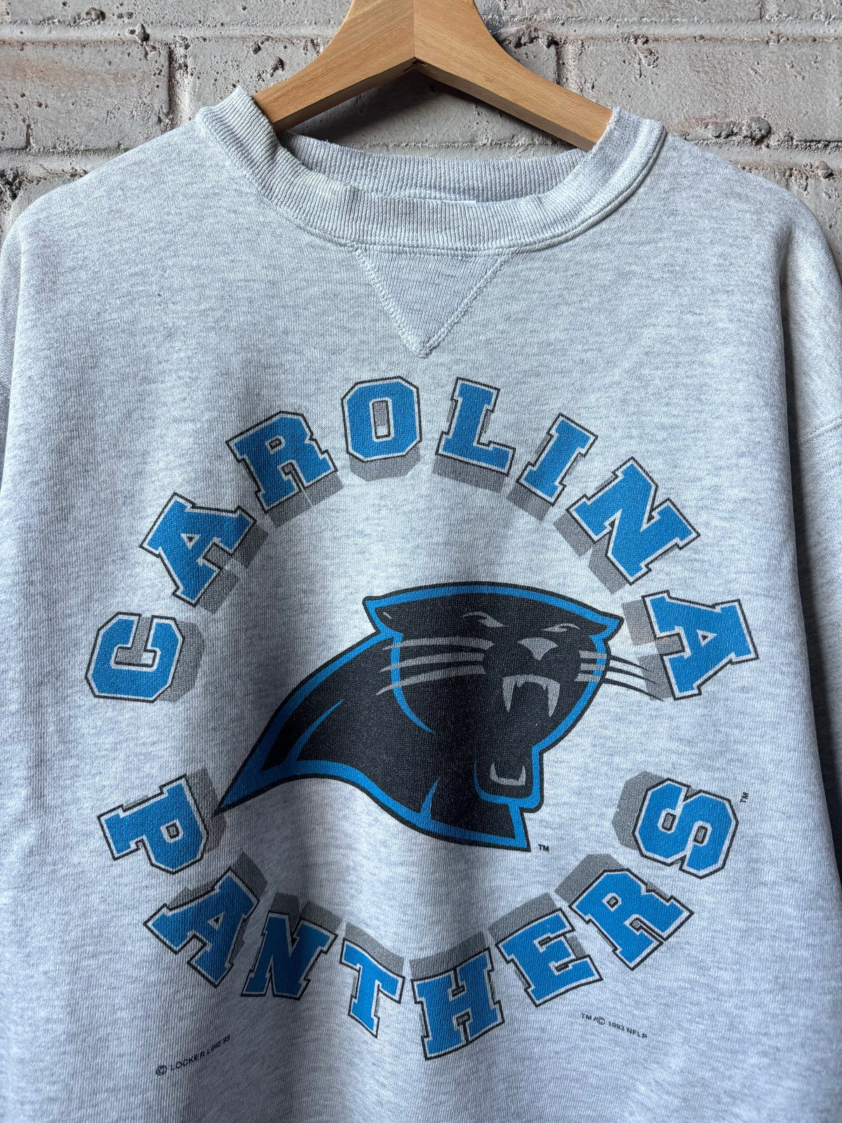 1993 Carolina Panthers Vintage Heather Grey Sphere Spellout Logo Chopped NFL Crewneck (Large)