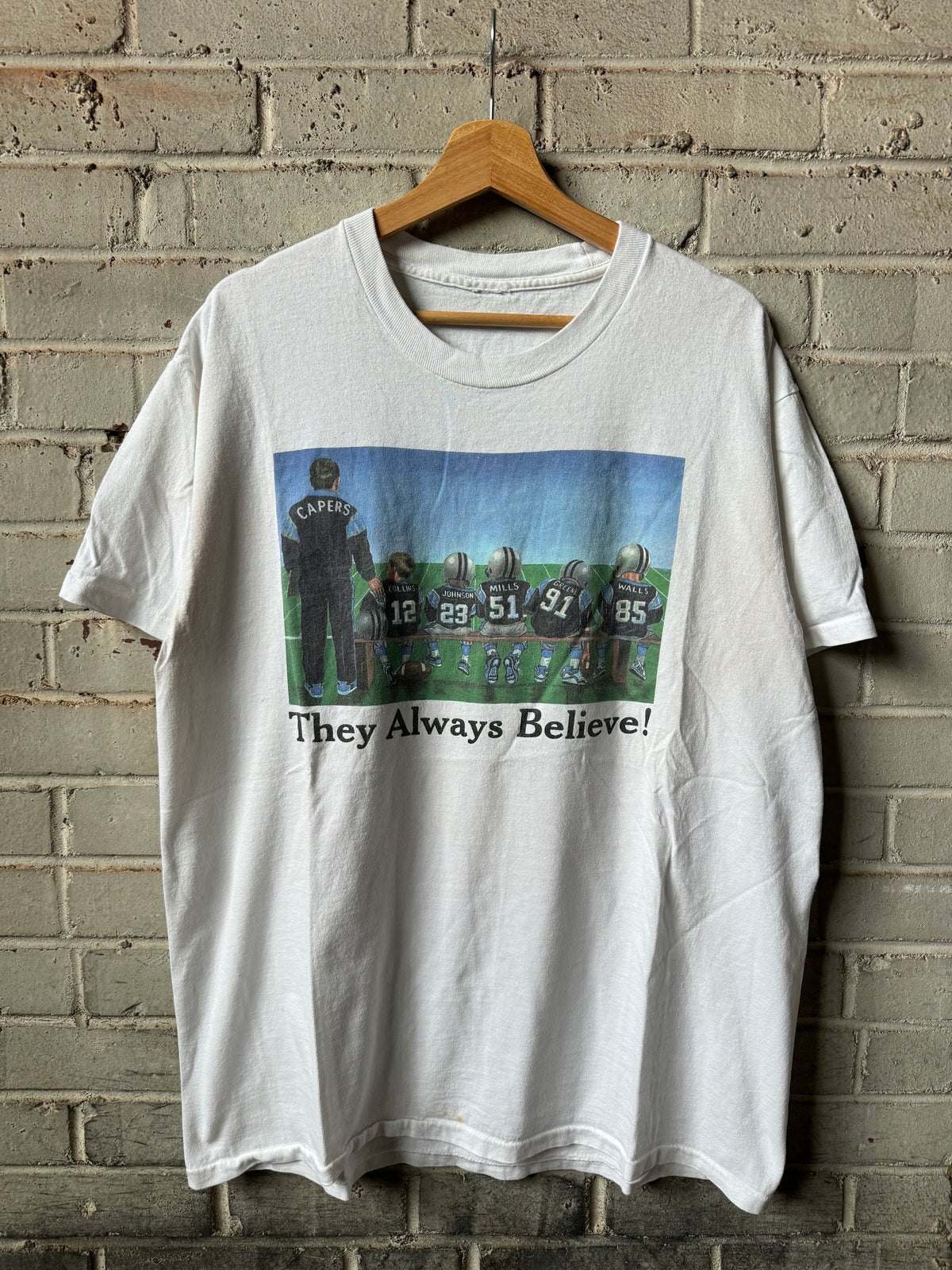1996 Carolina Panthers “They Always Believe!” Vintage White Caricature NFL Tee (XL)