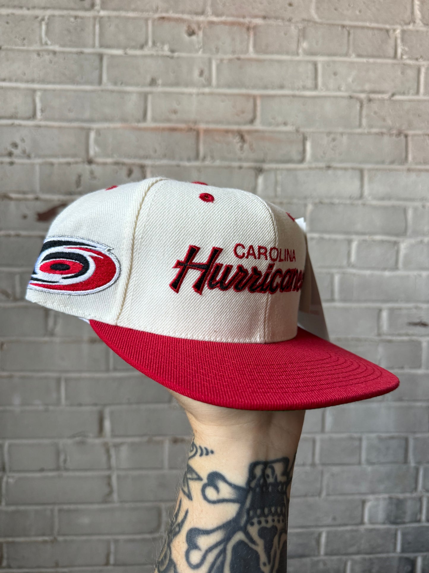 90’s Carolina Hurricanes Vintage Wool Sport Specialties Script NHL Hockey Snapback Hat - Deadstock (OSFA)