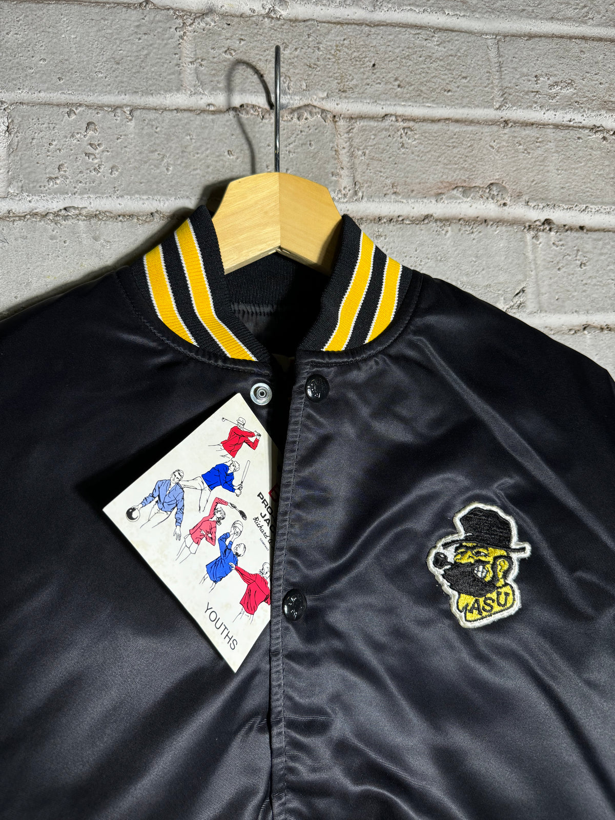80’s Appalachian State University Mountaineers Vintage Black Yosef Mascot Logo College Satin Jacket - Deadstock (Small)