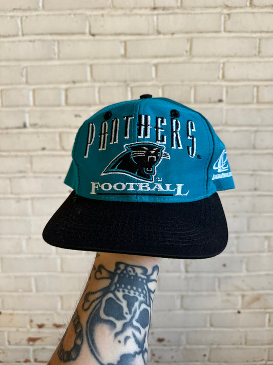 90’s Carolina Panthers Vintage Blue Black Logo Athletic Snapback Hat - Autographed by Kevin Greene (OSFA)