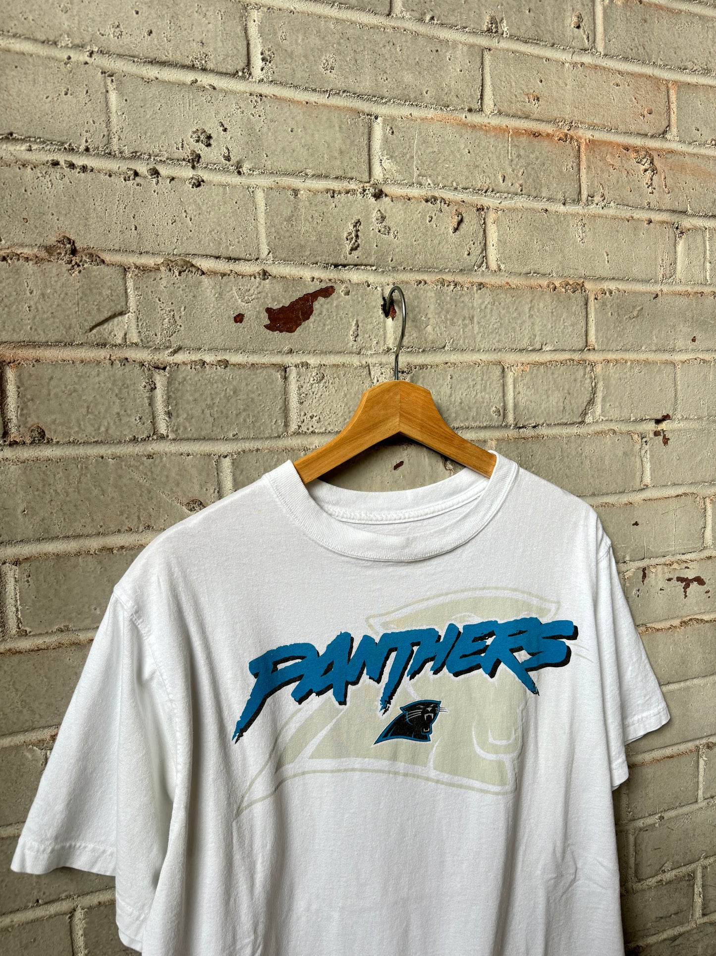 00’s Carolina Panthers Vintage White Cat Scratch Font Spellout NFL Tee (Medium)