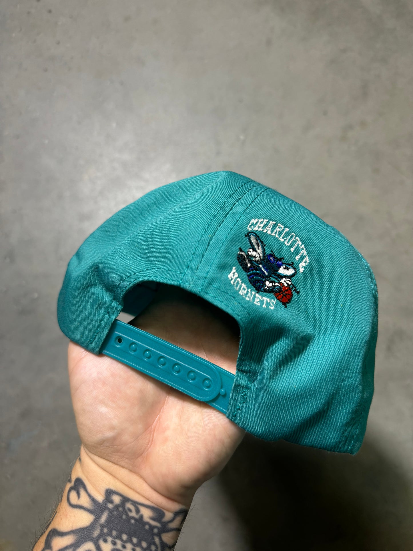 90’s Charlotte Hornets Vintage Teal Black Multi Logo NBA Snapback Hat (OSFA)