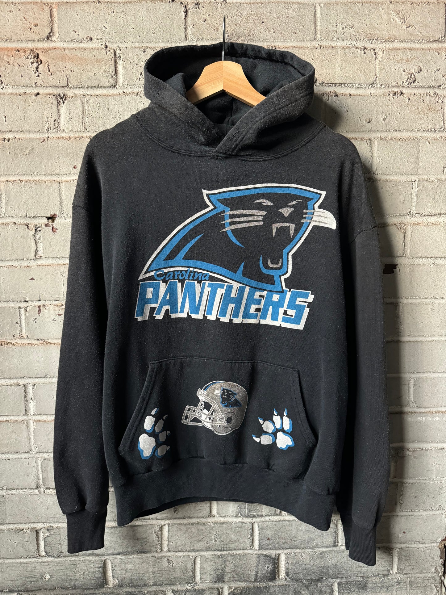 1993 Carolina Panthers Vintage Black Paw Prints NFL Expansion Era Big Logo Hoodie (Medium)