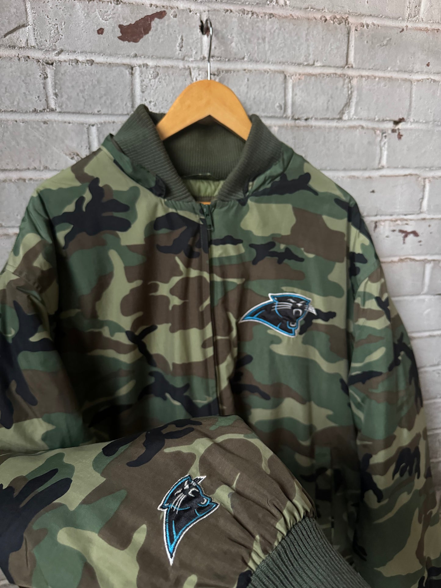 00’s Carolina Panthers Vintage Cat Scratch Font Camo NFL Bomber Jacket (XL)