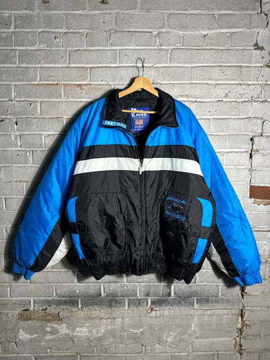 90’s Carolina Panthers Vintage Pro Player Colorblocked NFL Puffer Jacket (XL)
