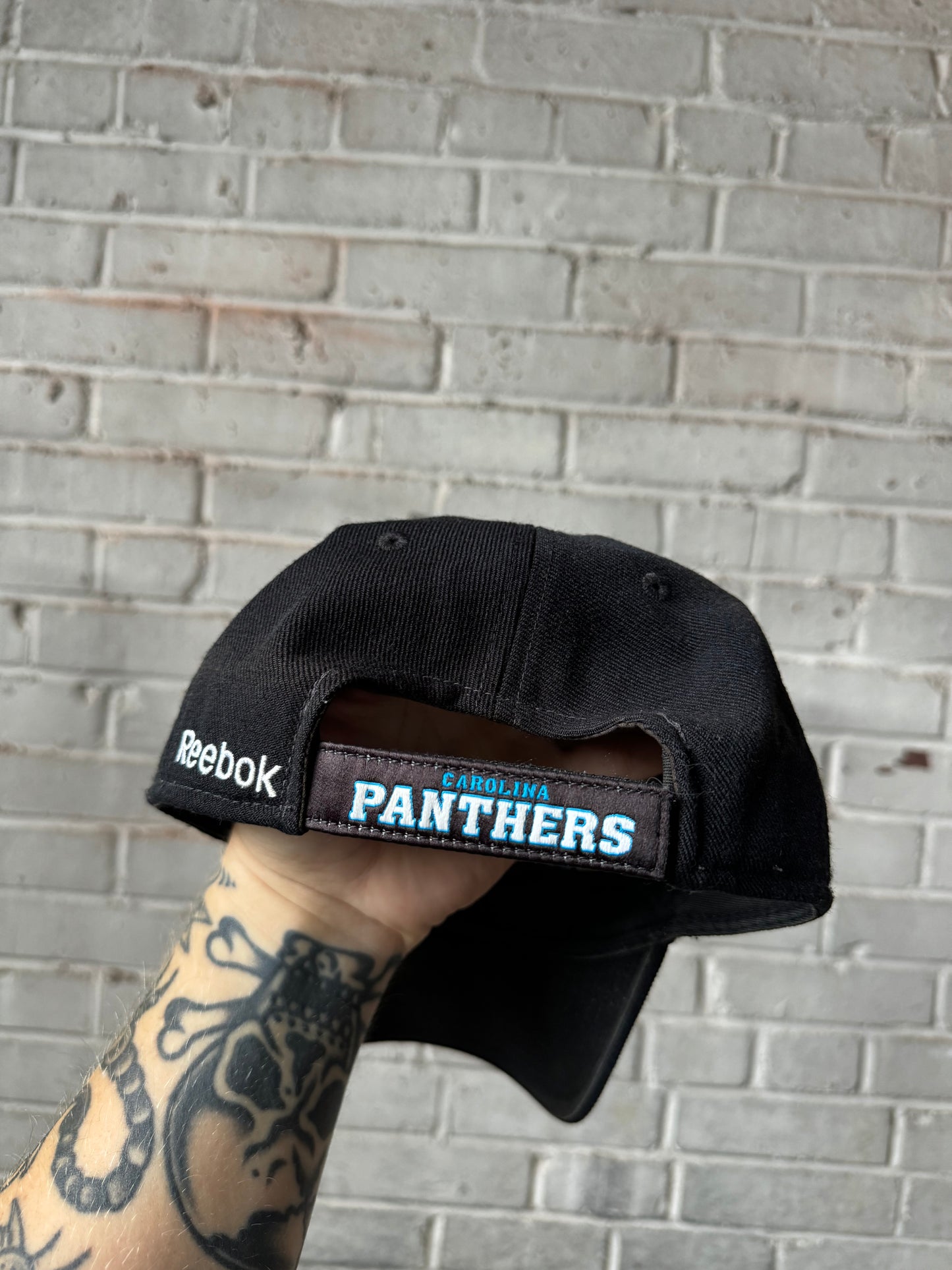 00’s Carolina Panthers Vintage Black Reebok NFL Script Strapback Hat (OSFA)