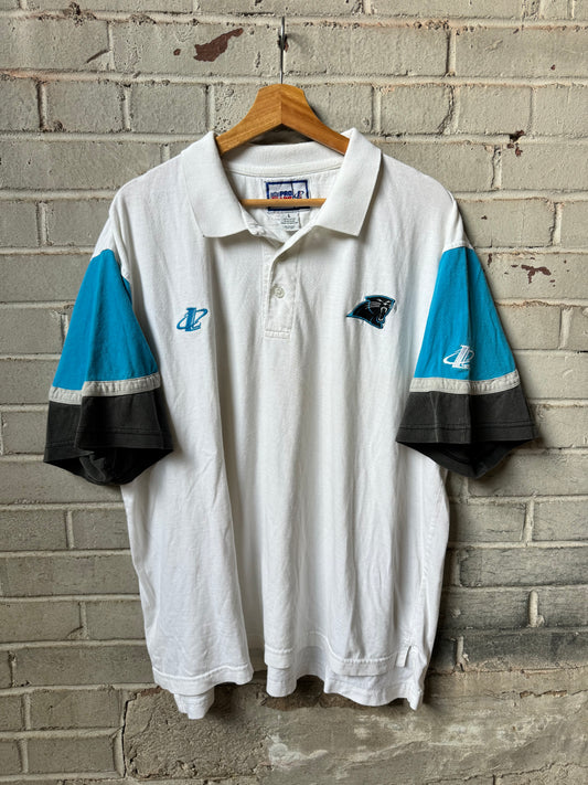 90’s Carolina Panthers Vintage Logo Athletic Colorblocked NFL Polo Collared Shirt (Large)