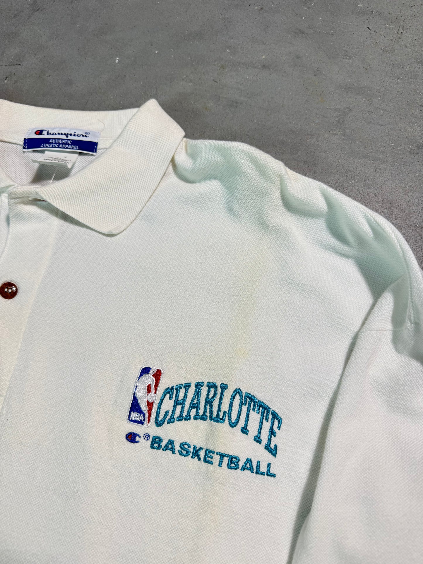 90’s Charlotte Hornets Basketball Vintage White Champion Embroidered Collared NBA Polo Shirt (XXL)