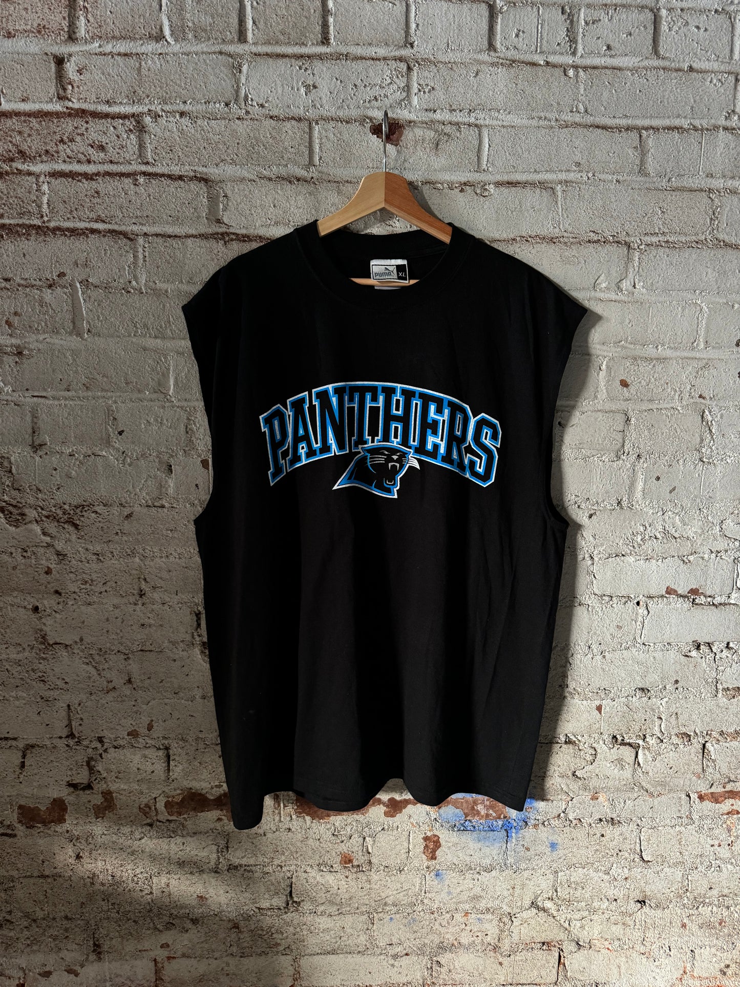 90’s Carolina Panthers Vintage Black Puma Cutoff Practice Style NFL Tee (XL)