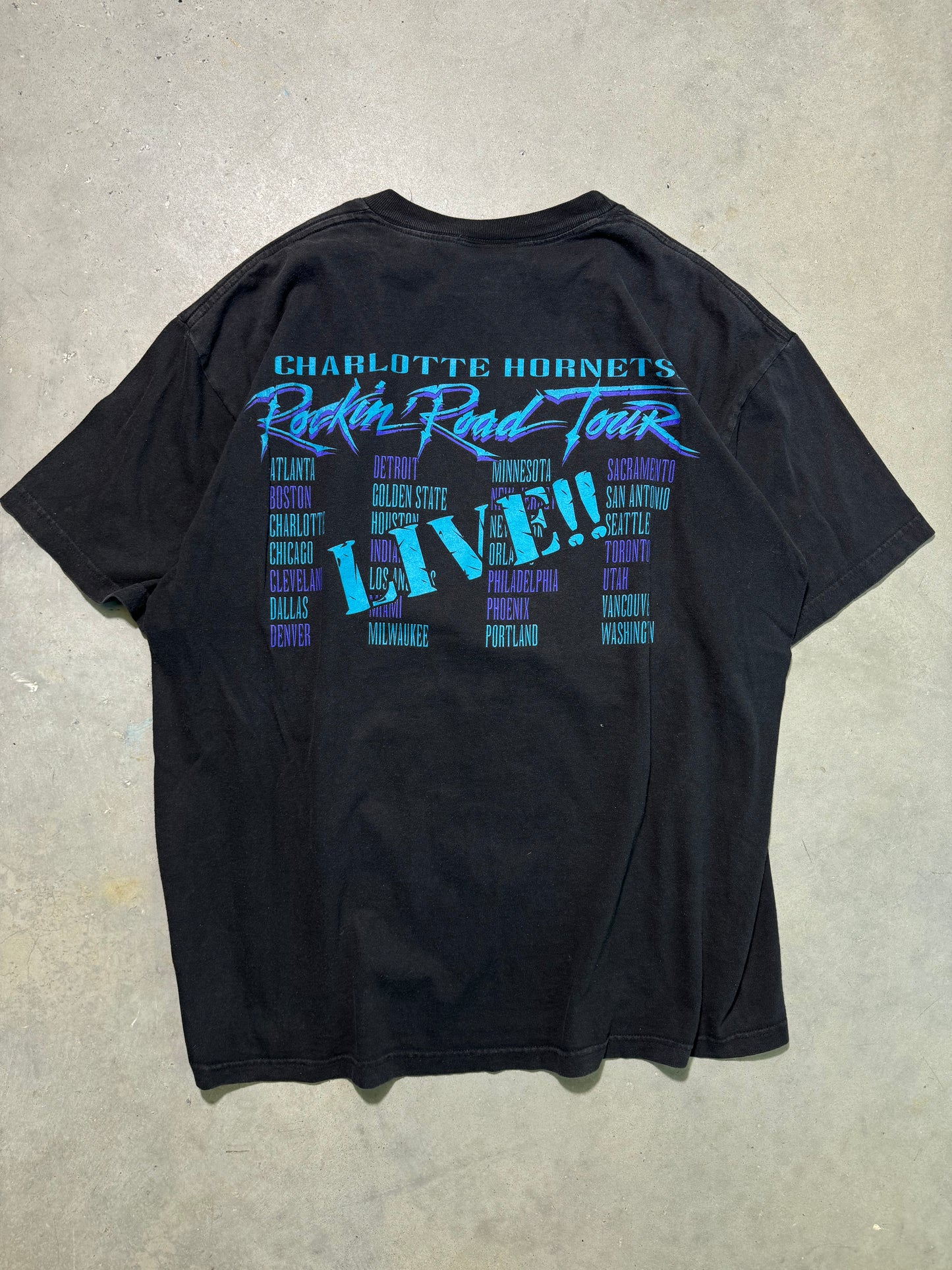 90’s Charlotte Hornets Vintage Black “Rockin’ Road Tour” Prince Purple Reign Inspired NBA Tee (XL)