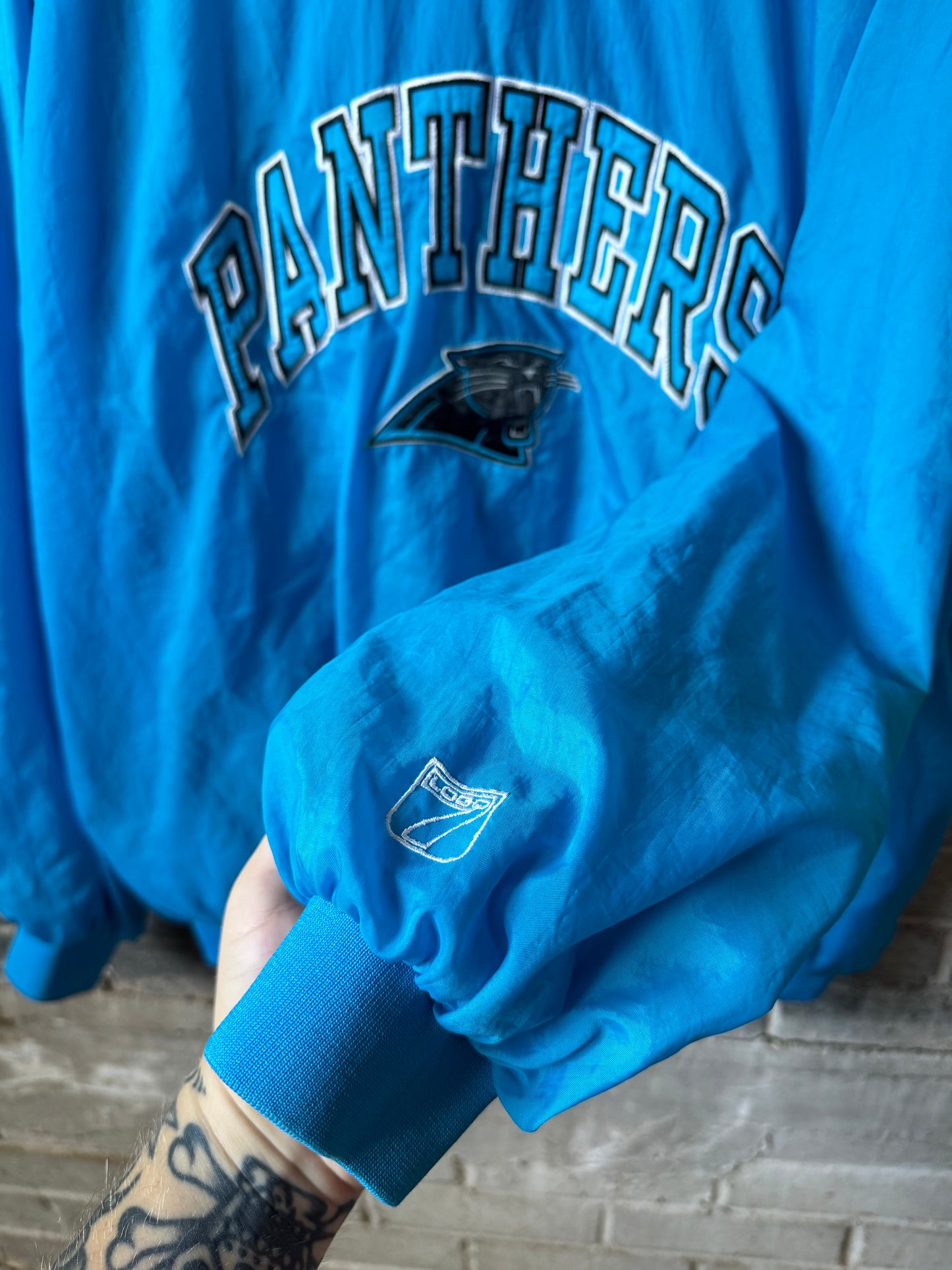 90’s Carolina Panthers Vintage Electric Blue Logo 7 Embroidered NFL Pullover Jacket (XL)